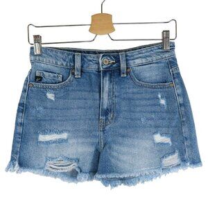 KanCan Womens Small Distressed Raw Hem Blue Denim Jean Shorts Pockets 36724